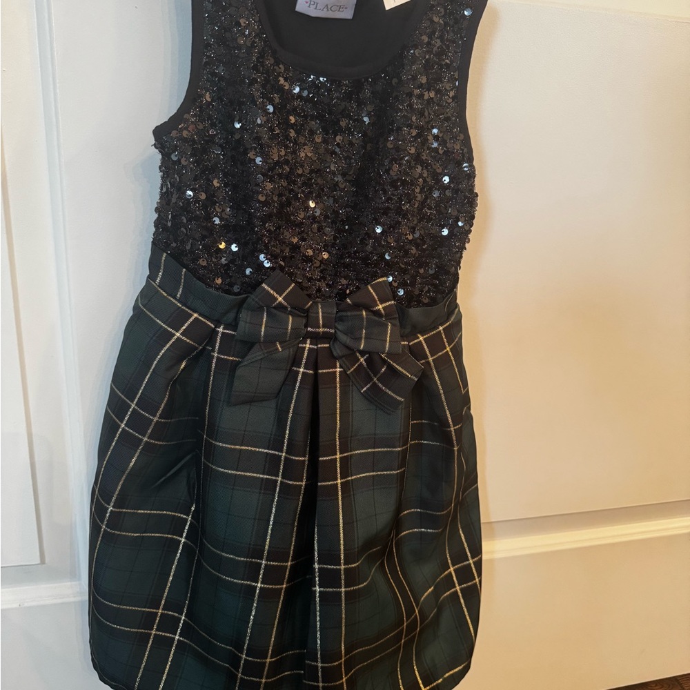The Children's Place Black Sequin and Green Plaid Dress